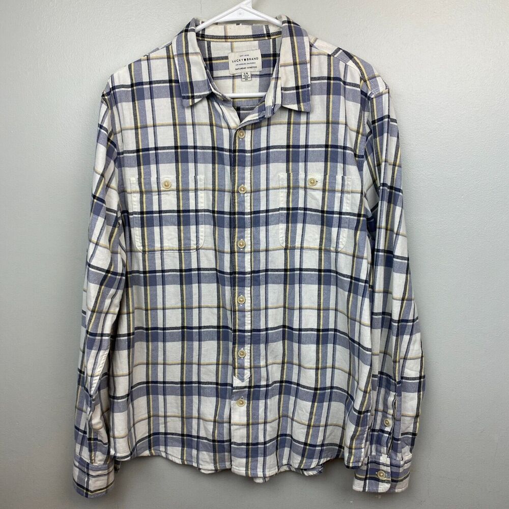 Lucky brand shirt mens L white long sleeve button flannel plaid Saturday Stretch